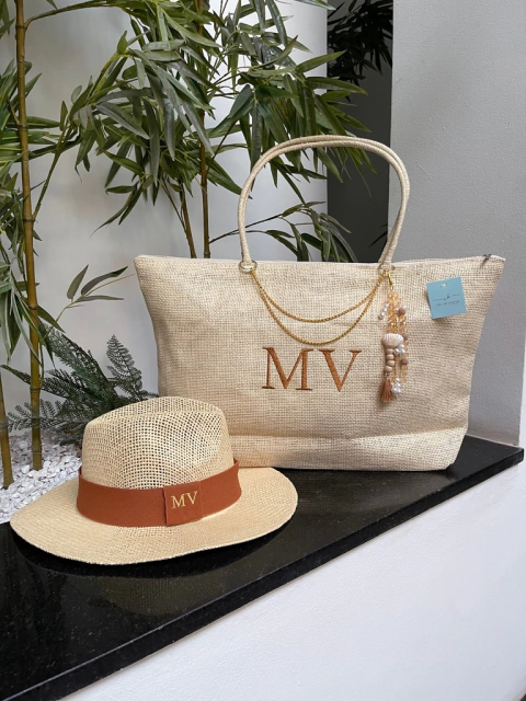 kit bolsa de praia bege + chapeu Panamá