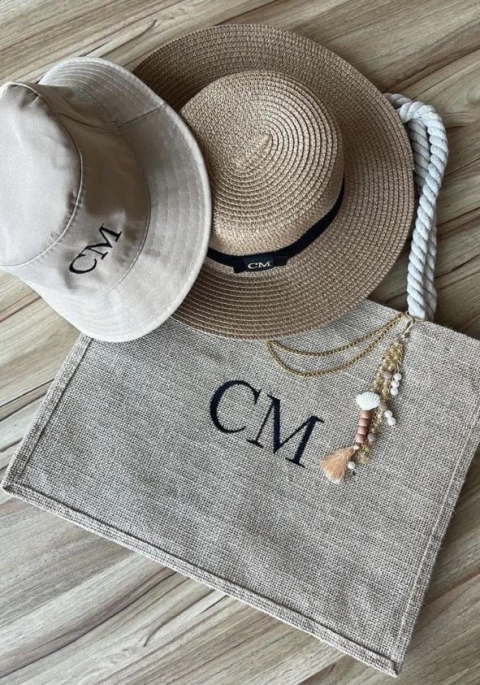 Kit bolsa juta+chapeu Paris+bucket