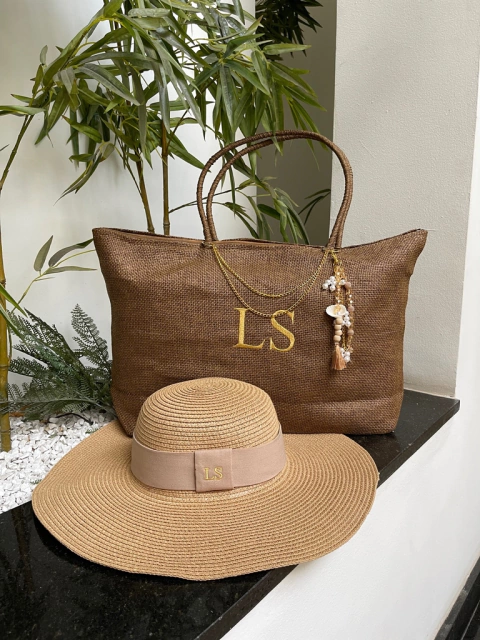 kit bolsa de praia + chapéu aba longa caramelo