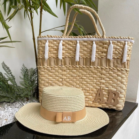 kit bolsa Franjas + chapéu paris 1.0 bege e branco