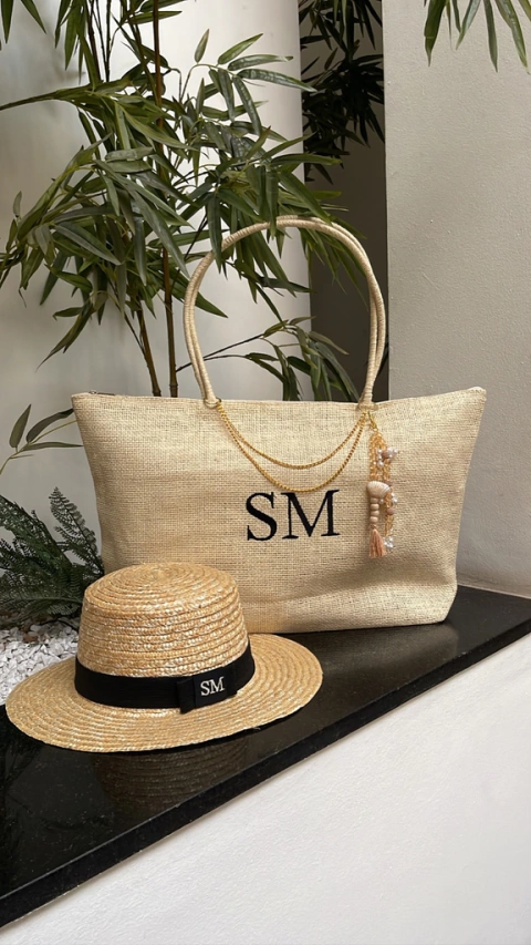 kit bolsa de praia bege + chapéu paris 2.0