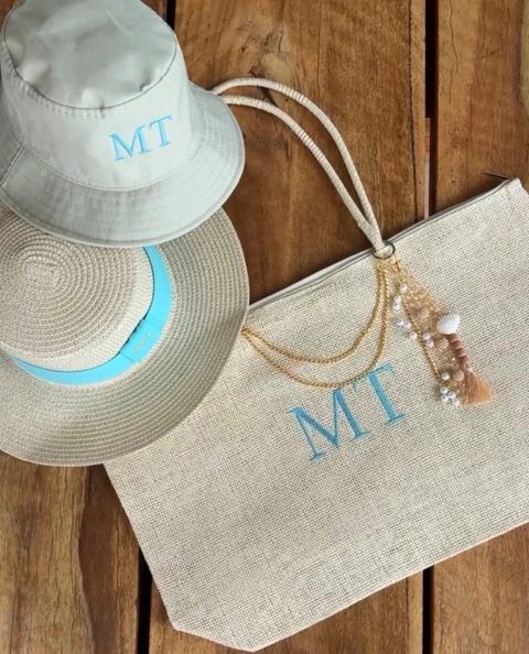 kit bolsa de praia + chapéu Paris 1.0 + chapéu bucket personalizado