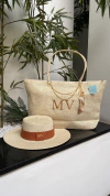 kit bolsa de praia bege + chapéu paris 1.0. caramelo