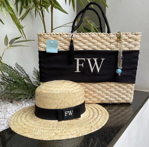Kit bolsa M faixa + chapéu palha natural