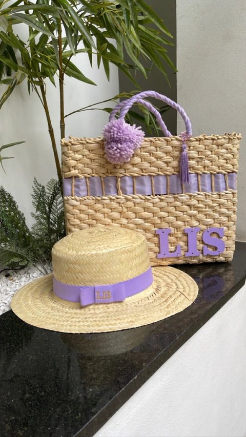 kit bolsa + chapéu palha natural lilas