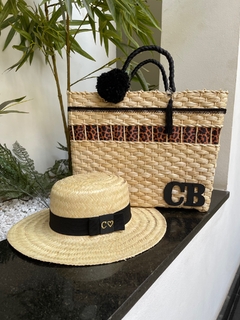 kit bolsa onça preto + chapéu palha natural