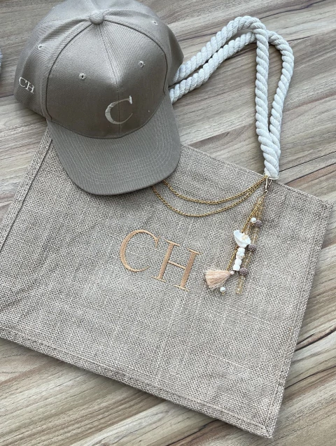 bolsa de praia juta + boné personalizado bege - comprar online