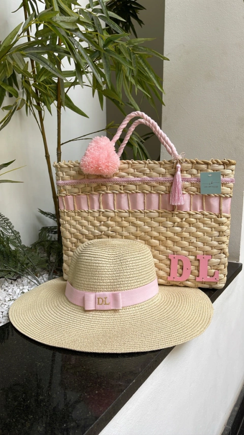 kit bolsa rosa bebe + chapéu aba longa