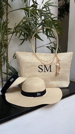 kit bolsa praia bege + chapéu aba longa + viseira
