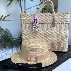 kit bolsa bege bolinhas + chapéu paris 2.0