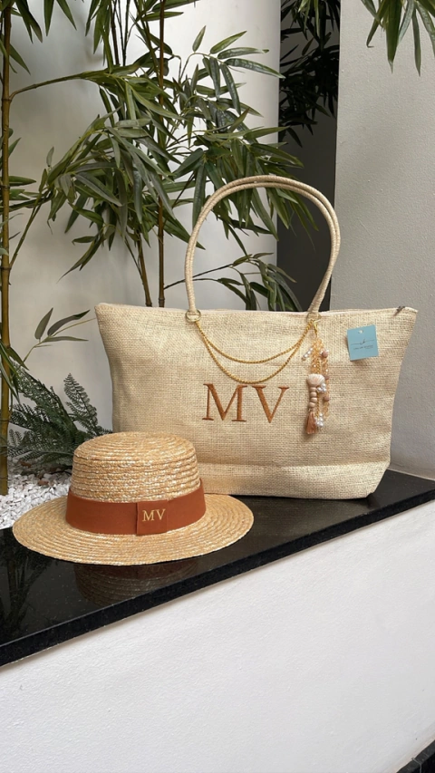 kit bolsa de praia bege + chapéu paris 2.0