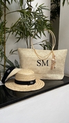 kit bolsa praia bege + chapéu palha natural + viseira