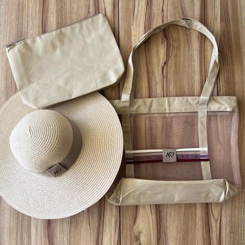 kit bolsa Cancún + chapéu aba longa + necessaire