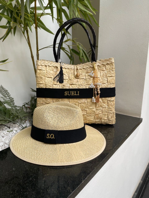 kit bolsa bloco preta+ chapeu panama