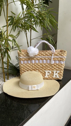 kit bolsa branco + chapéu aba longa