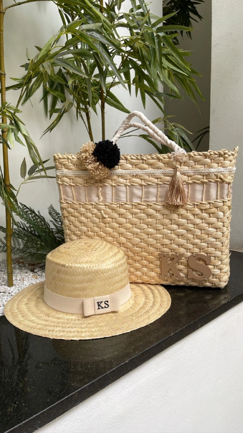 kit bolsa + chapéu palha natural off com preto
