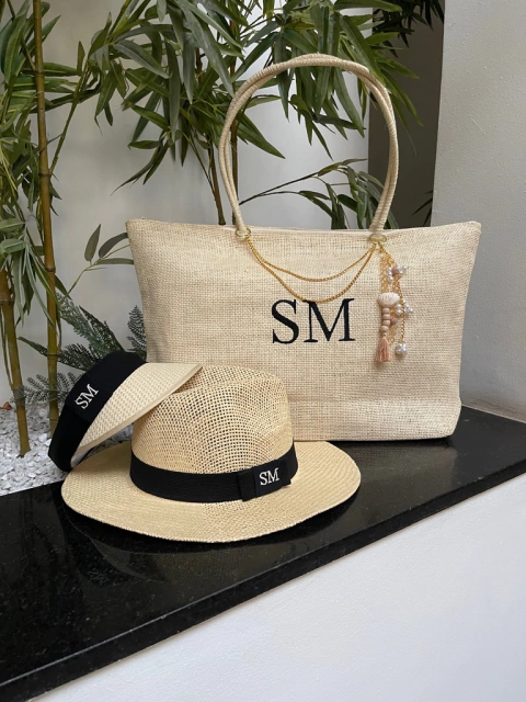 kit bolsa de praia bege+chapéu Panamá+viseira