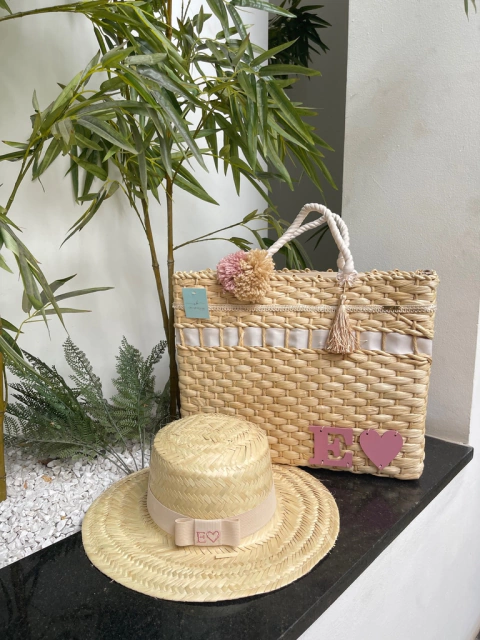 kit bolsa + chapéu palha natural off com rosê