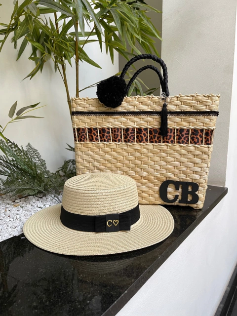 kit bolsa onça preto + chapéu paris 1.0