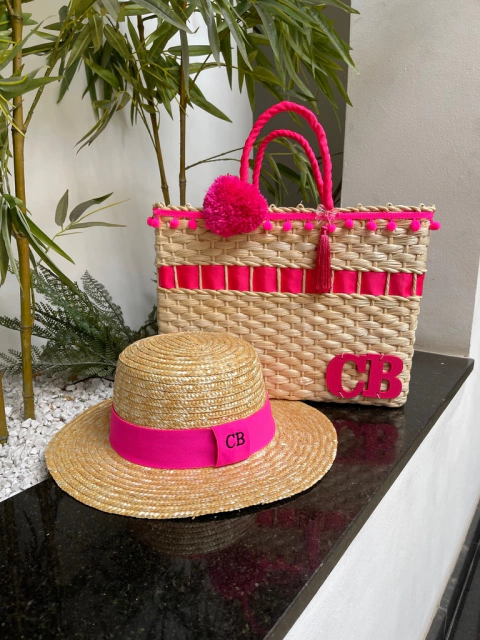 kit bolsa + chapéu paris 2.0 rosa neon