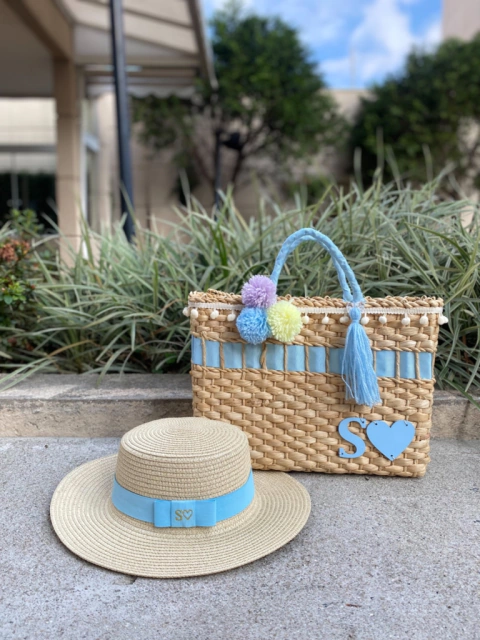 kit bolsa azul bebe colorido + chapéu paris 1.0