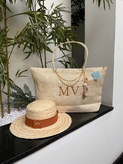 kit bolsa de praia bege +chapeu palha natural
