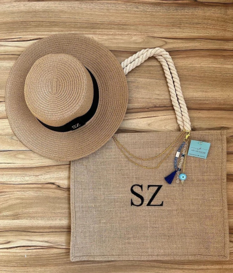 kit bolsa juta+ chapeu paris caramelo