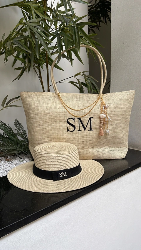 kit bolsa de praia bege + chapeu paris 1.0 bordado preto