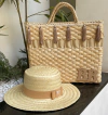 kit bolsa Franjas bege + chapéu palha natural