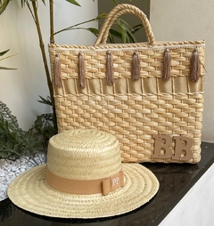kit bolsa Franjas bege + chapéu palha natural