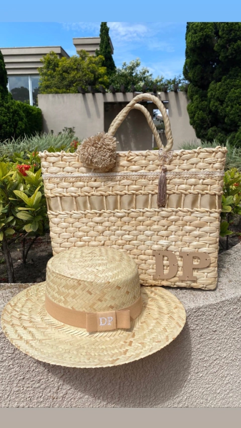 kit bolsa bege + chapéu palha natural