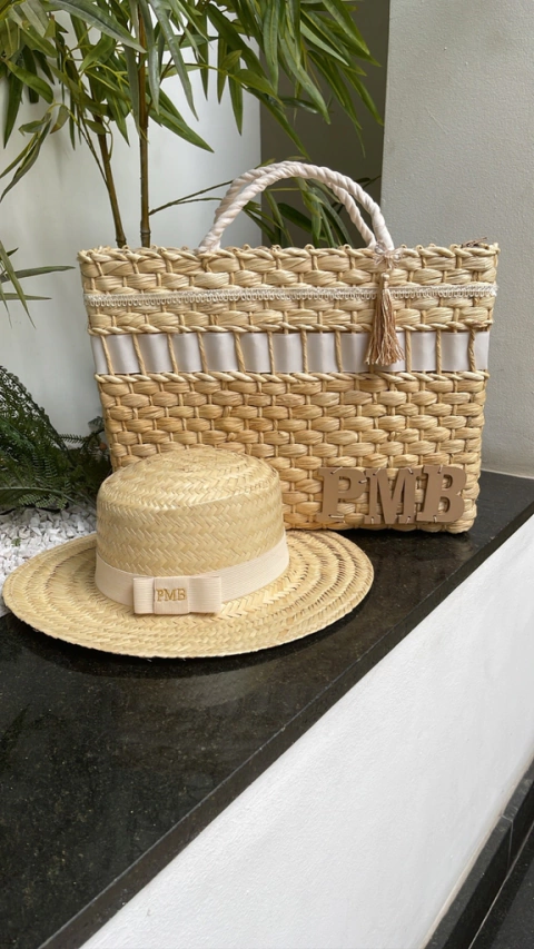 kit bolsa + chapéu palha natural off-white