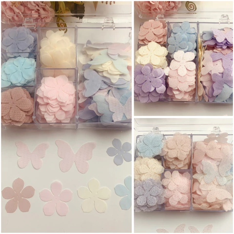 kit 500 apliques com borboleta modelo 66 e flores modelo 5 com furo