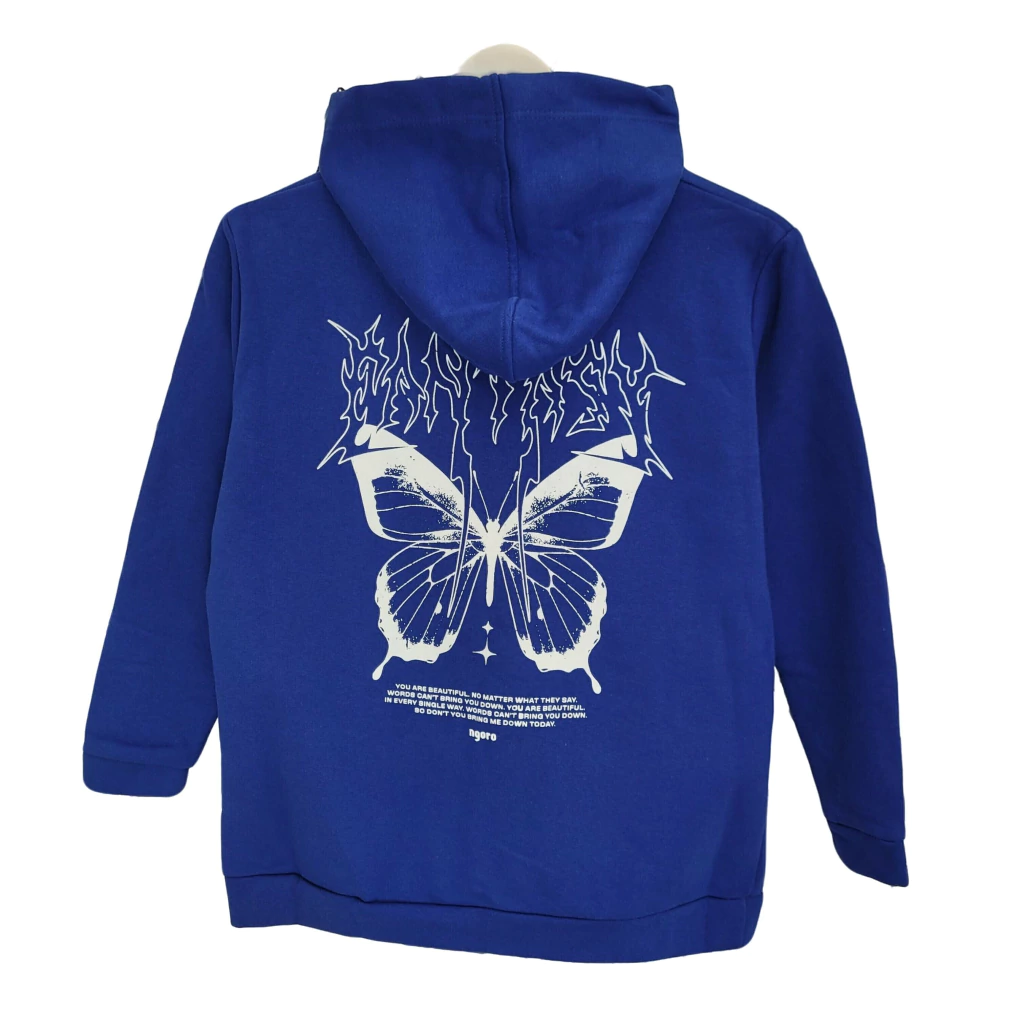 Buzo Nena Frizado Oversize Con Capucha Estampado Mariposa