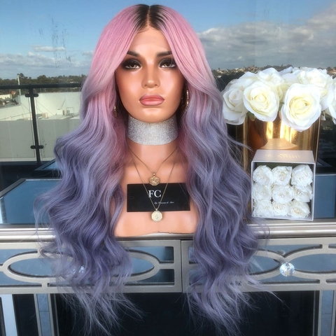 Peruca Feminina Longa Ondulada / Lisa / Cabelo Sintético Rosa / Roxo