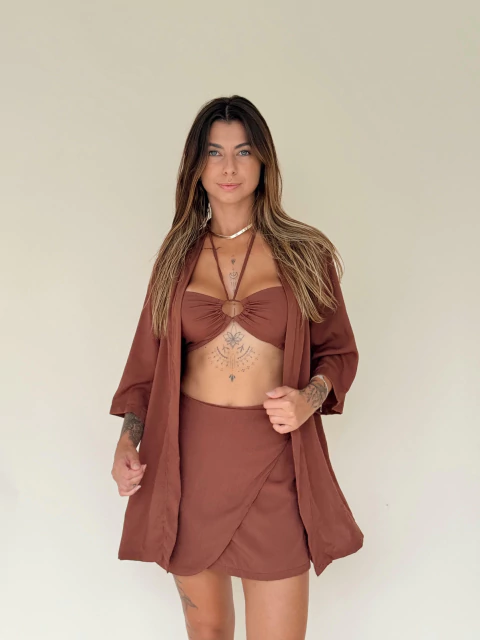 Conjunto Veneza Kimono + Top + Saia envelope marrom - comprar online