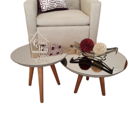 Conjunto de Mesas De Centro Espelho Bronze Pé Palito Fendi 40/50 cm de Diâmetro e 30/35 cm de altura