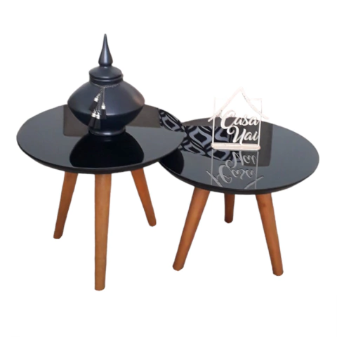 Conjunto de Mesas De Centro Vidro Pé Palito Preta 40/40 cm de Diâmetro e 30/35 cm de altura Casa Uai