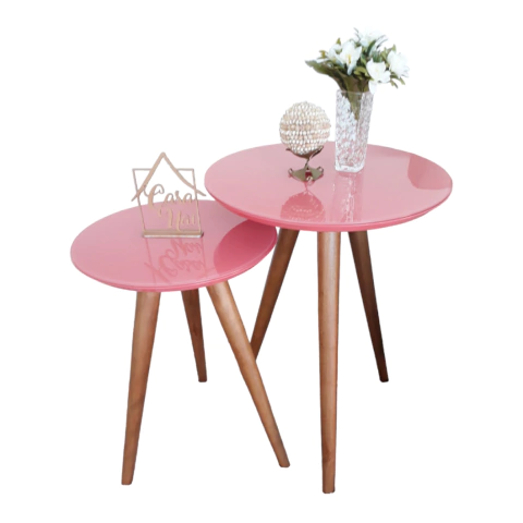 Conjunto Mesa De Canto Lateral Pé Palito Coral com Vidro 40/50 cm Diâmetro 60/70 cm Altura Casa Uai