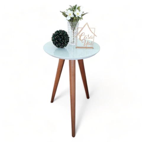 Mesa De Canto Lateral Pé Palito Branca com Vidro 40 cm Diâmetro 70 cm Altura Casa Uai