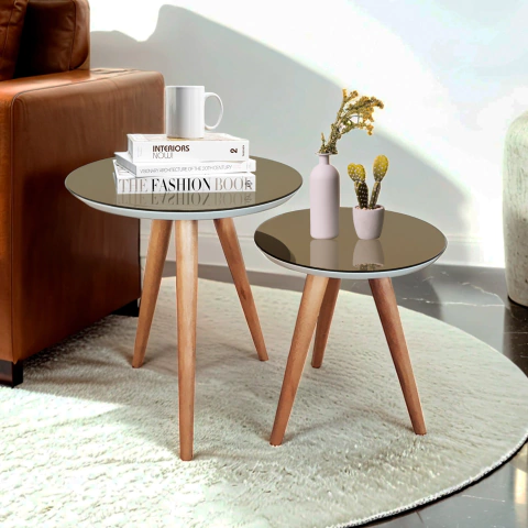 Conjunto Mesa De Canto Lateral Pé Palito Off White Espelho Bronze 40/40cm Diâmetro 50/60cm Altura Casa Uai