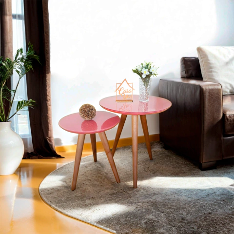 Conjunto Mesa De Canto Lateral Pé Palito Coral com Vidro 40/50 cm Diâmetro 50/60 cm Altura Casa Uai