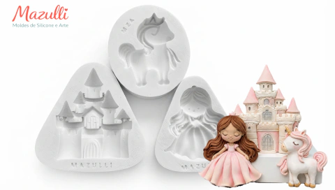 Molde de silicone Kit Princesa, Castelo e Unicórnio