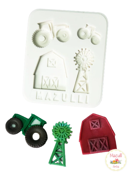 Molde de silicone Kit Fazendinha - Trator, Celeiro e Moinho de vento cod 2377