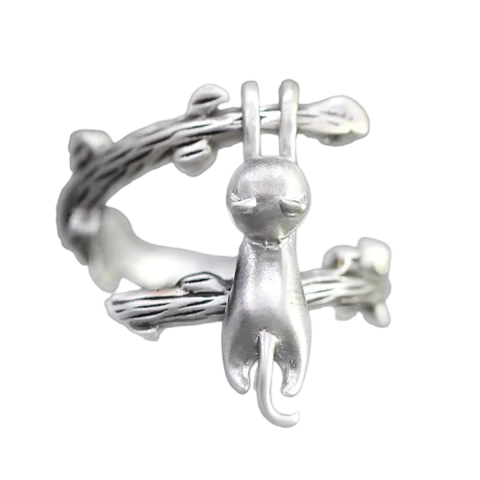 Anillo Gatito colgando de rama en Plata 925