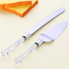 Kit Faca e Espátula para Bolo em Acrílico e Aço Inox
