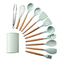 Imagem do Kit 12 Utensílios de Cozinha em silicone e cabo de madeira Cozinha Completa
