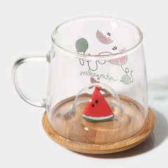 Caneca Xícara Vidro Duplo com Pires Tampa Bambu 250 ml - comprar online