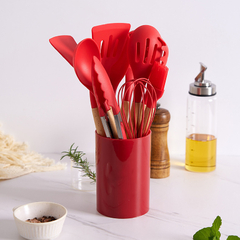 Kit 12 Utensílios de Cozinha em silicone e cabo de madeira Cozinha Completa