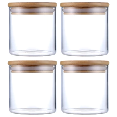 Kit 4 Potes Herméticos Vidro Tampa Bambu 10 x 10 cm 650ml